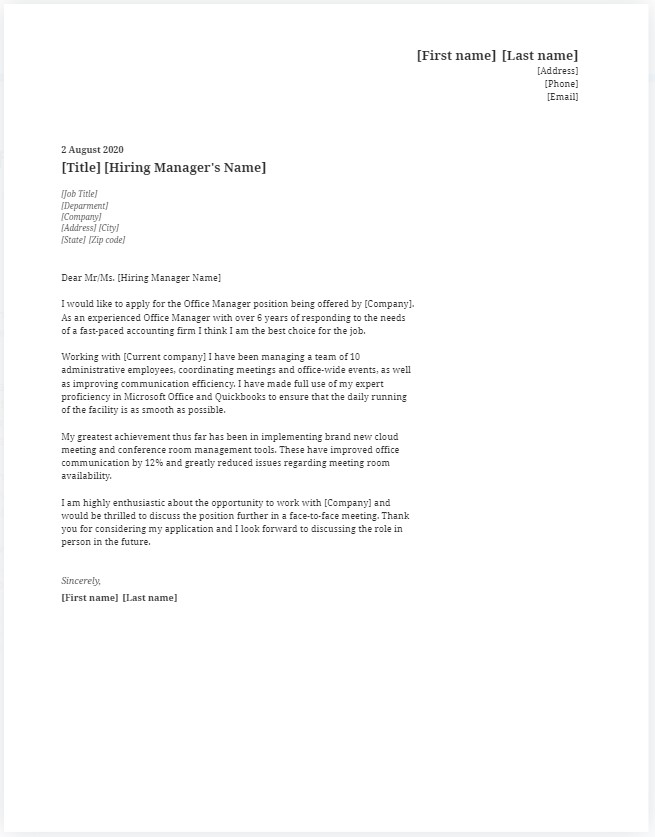 Office Manager Cover Letter Example And Tips   Office Manager Cover Letter Sample 