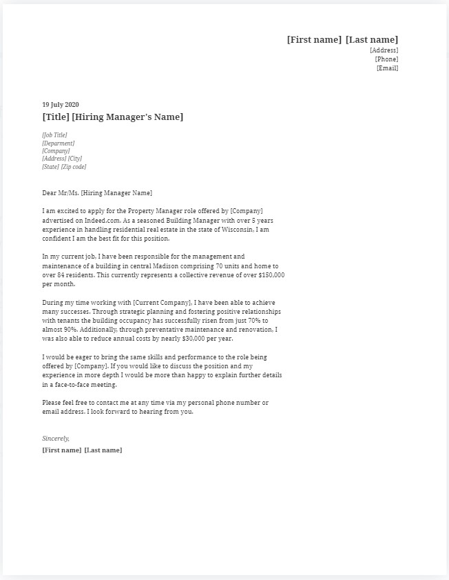 Property Manager Cover Letter Sample 