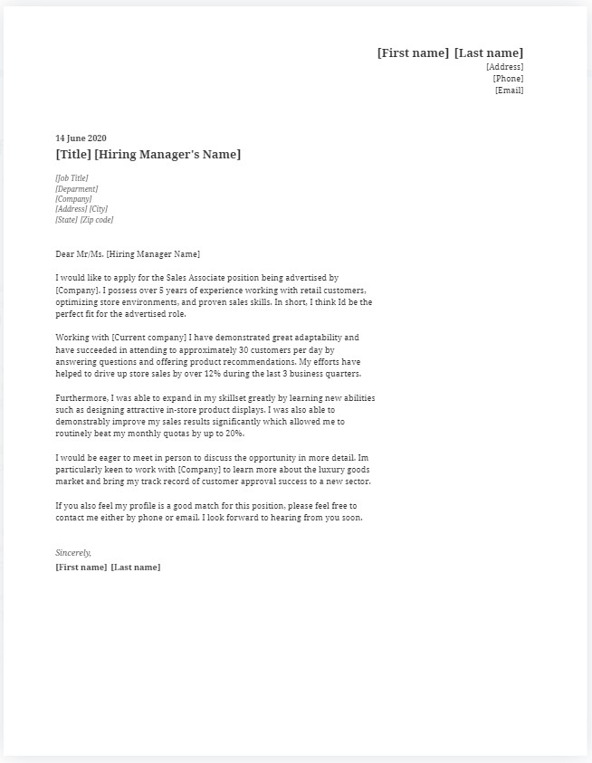 jewellery sales cover letter