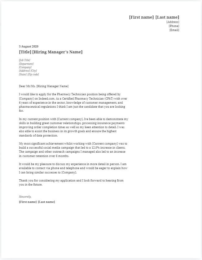 Pharmacy Technician Cover Letter Example And Tips