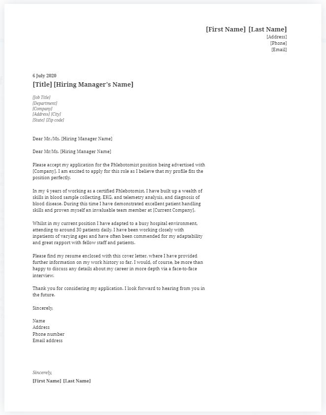 Cover Letter Examples For Phlebotomist Entry Level Ratracs