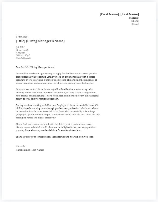 cover letter example for personal assistant