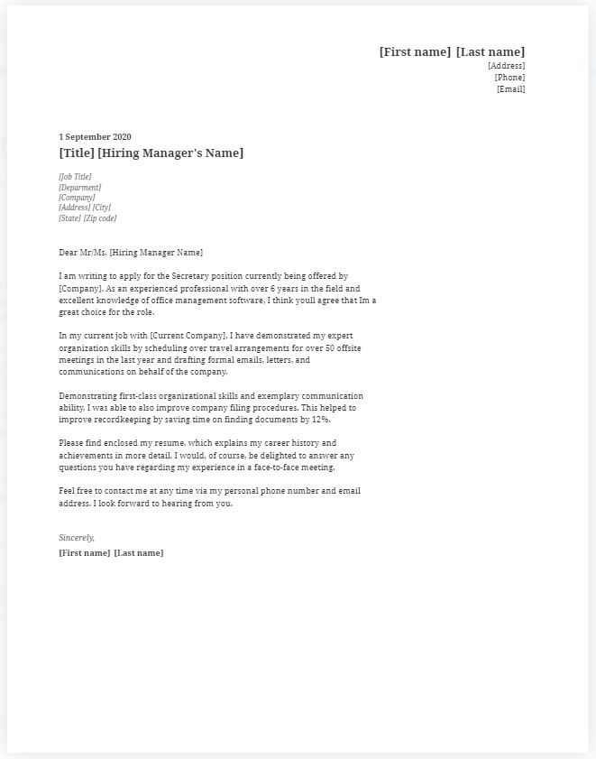 secretary position cover letter