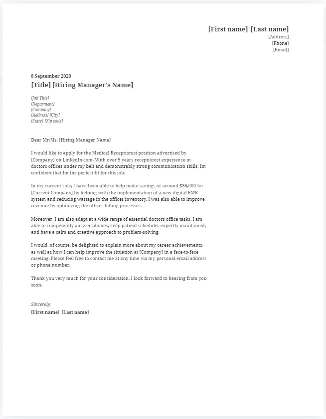 Medical Receptionist Cover Letter Example And Tips   Medical Receptionist Cover Letter Sample 