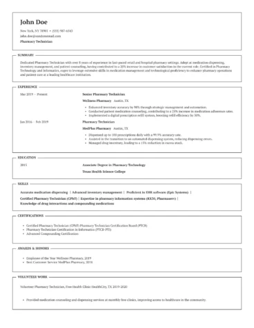 experienced pharmacy technician resume example