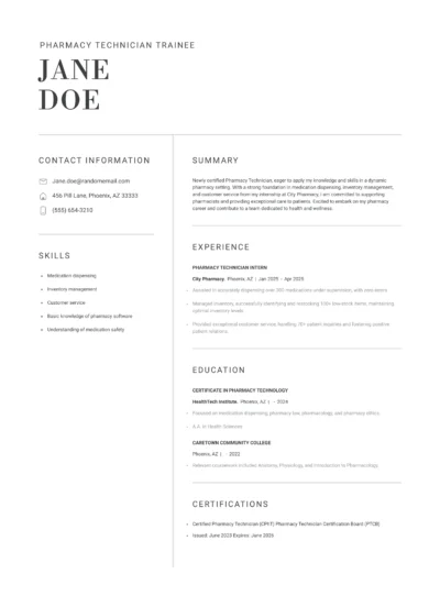 entry level pharmacy technician resume example