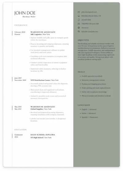 warehouse resume example