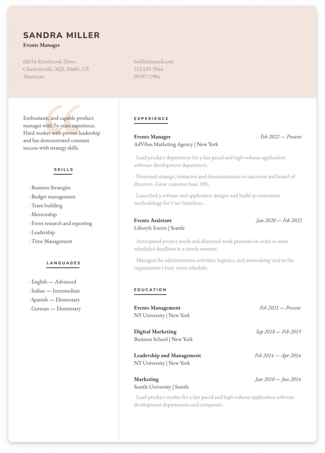 standard professional resume format