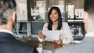 A woman is sitting at a table with a paper in front of her.