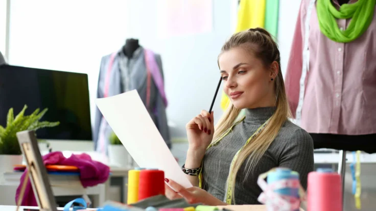 A woman sitting at a desk looking at a piece of paper.