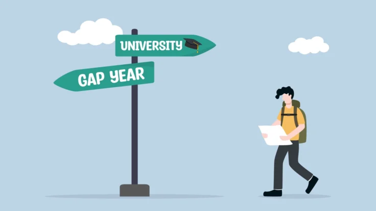 A man walking down a street with a sign that says university gap year.