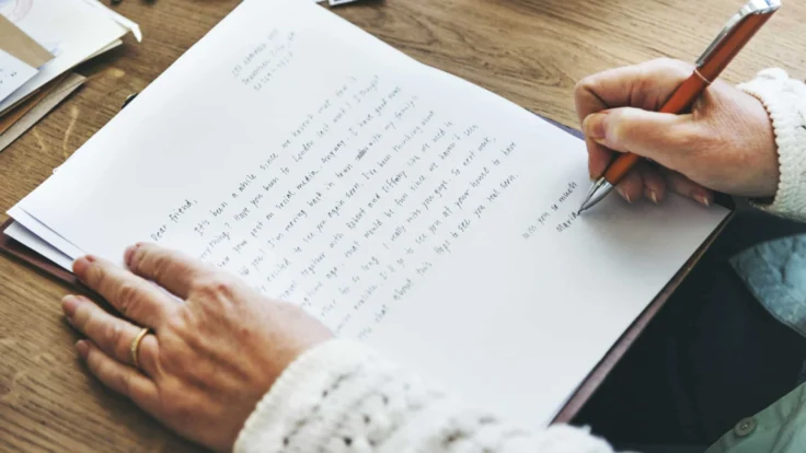 A person writing a letter with a pen.