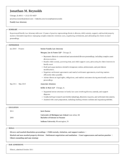 family law attorney resume example