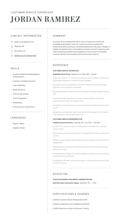 Consumer Services Resume Examples
