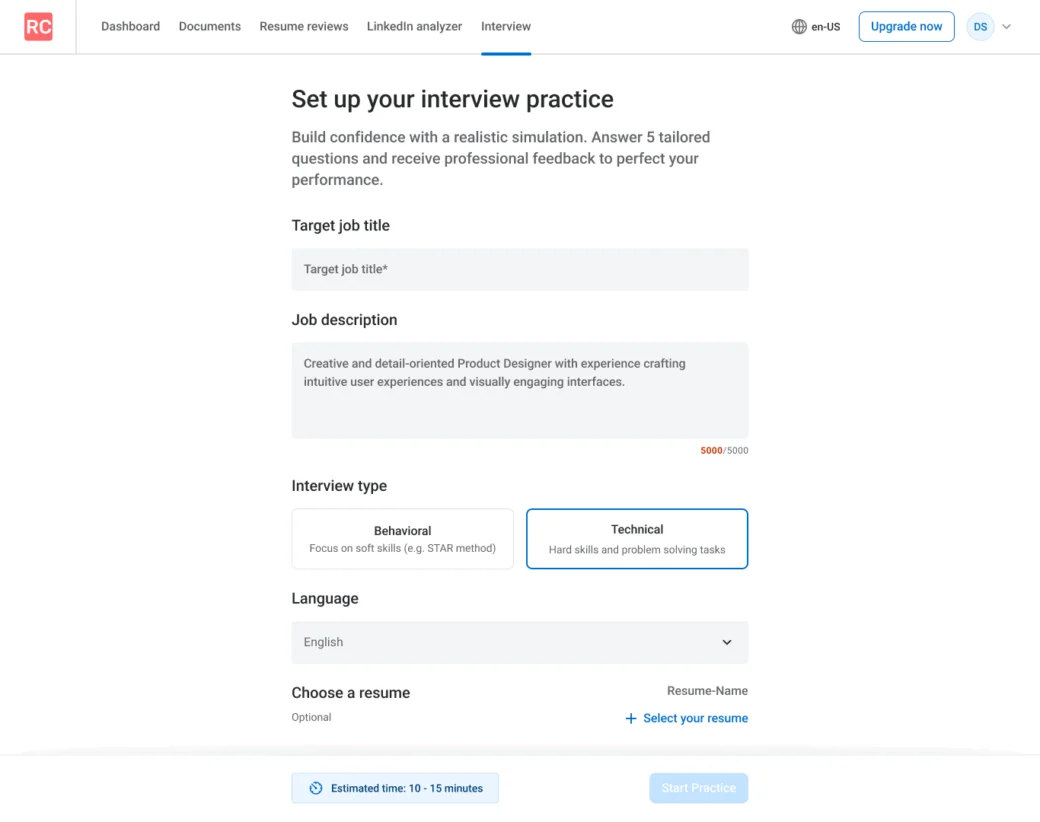 ai mock interview practice tool describe your job