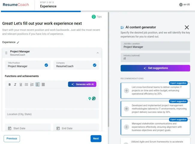 optimize or create your resume with AI-generated phrases